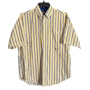 Vintage 90s Tommy Hilfiger Striped Short Sleeve Button Down Shirt Yellow Blue-L